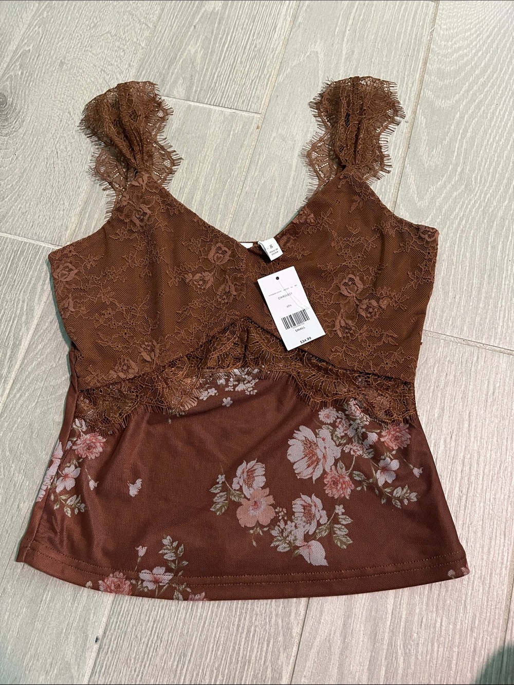 Floral Lace-Trim Cami in Brown